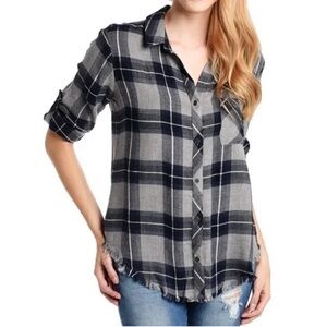 Catherine Malandrino Blue Gray Fray Hem Button Down Flannel Size Large